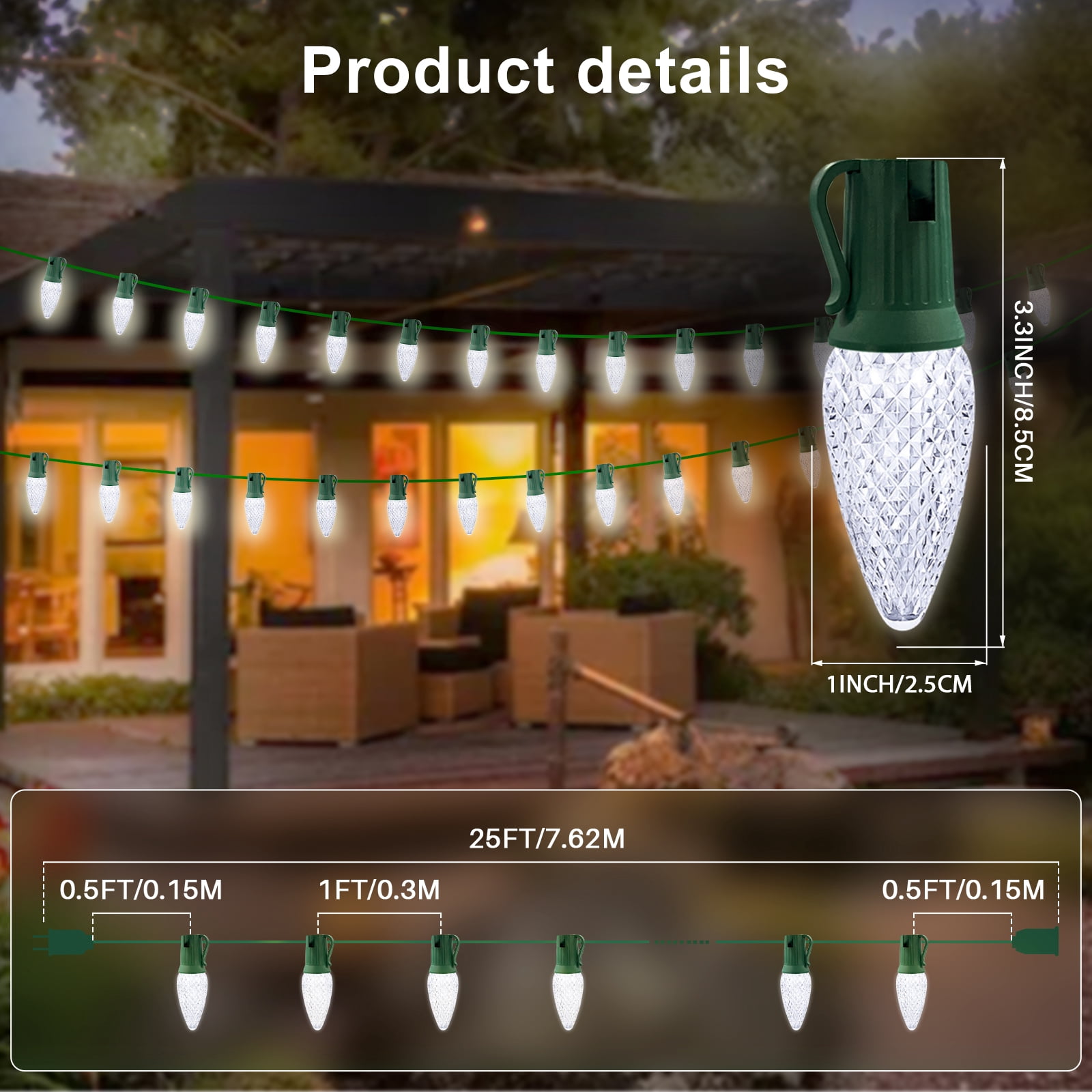 LAMPHOME White C9 Christmas String Light Outdoor, 25FT Shatterproof LED for House Rooflines & Pathways, Connectable Waterproof Vintage Christmas Light for Tree, Yard, Patio, Porch, Garden