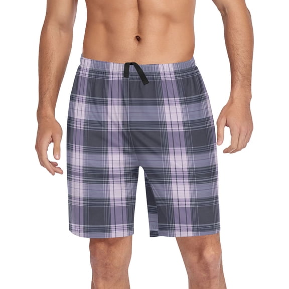 Men’s Sleep Shorts Relaxed Fit Lounge Pants with Pockets Mens Pajama Loungewear Home Wear Comfort Light Purple Tartan Small