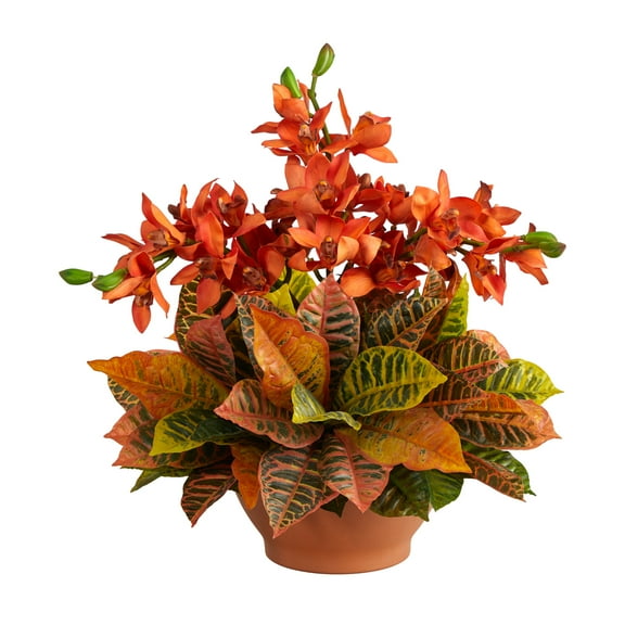 Nearly Natural 21in. Cymbidium Orchid and Croton Artificial Arrangement in Terra Cotta Vase