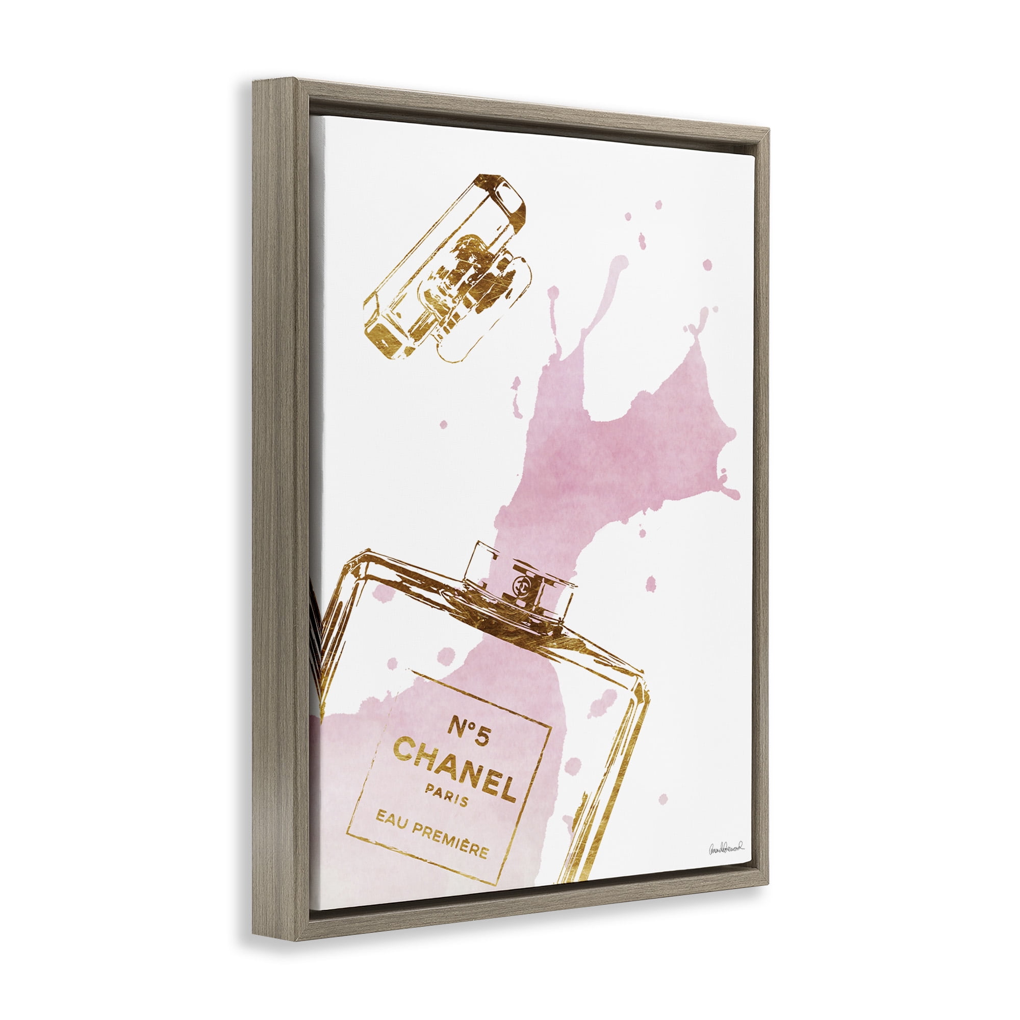 Stupell Industries Glam Perfume Bottle Splash Pink Gold Beauty & Fashion Painting Brown Floater Framed Canvas Art Print Wall Art, 17 x 21