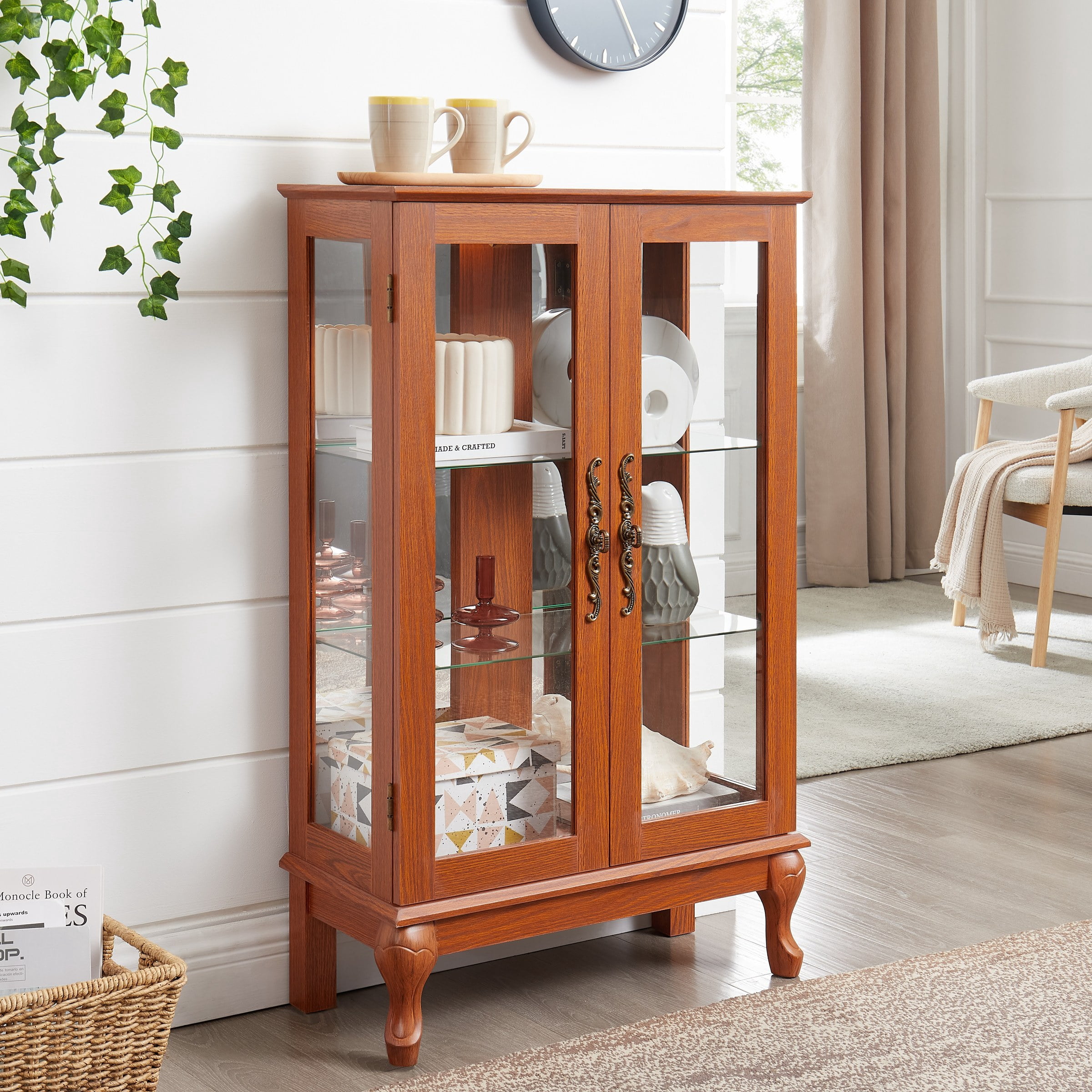 2-Door Curio Cabinet with Tempered Glass, Mirrored Back, Adjustable Shelves, Lighted Display Cabinet, Dark Oak