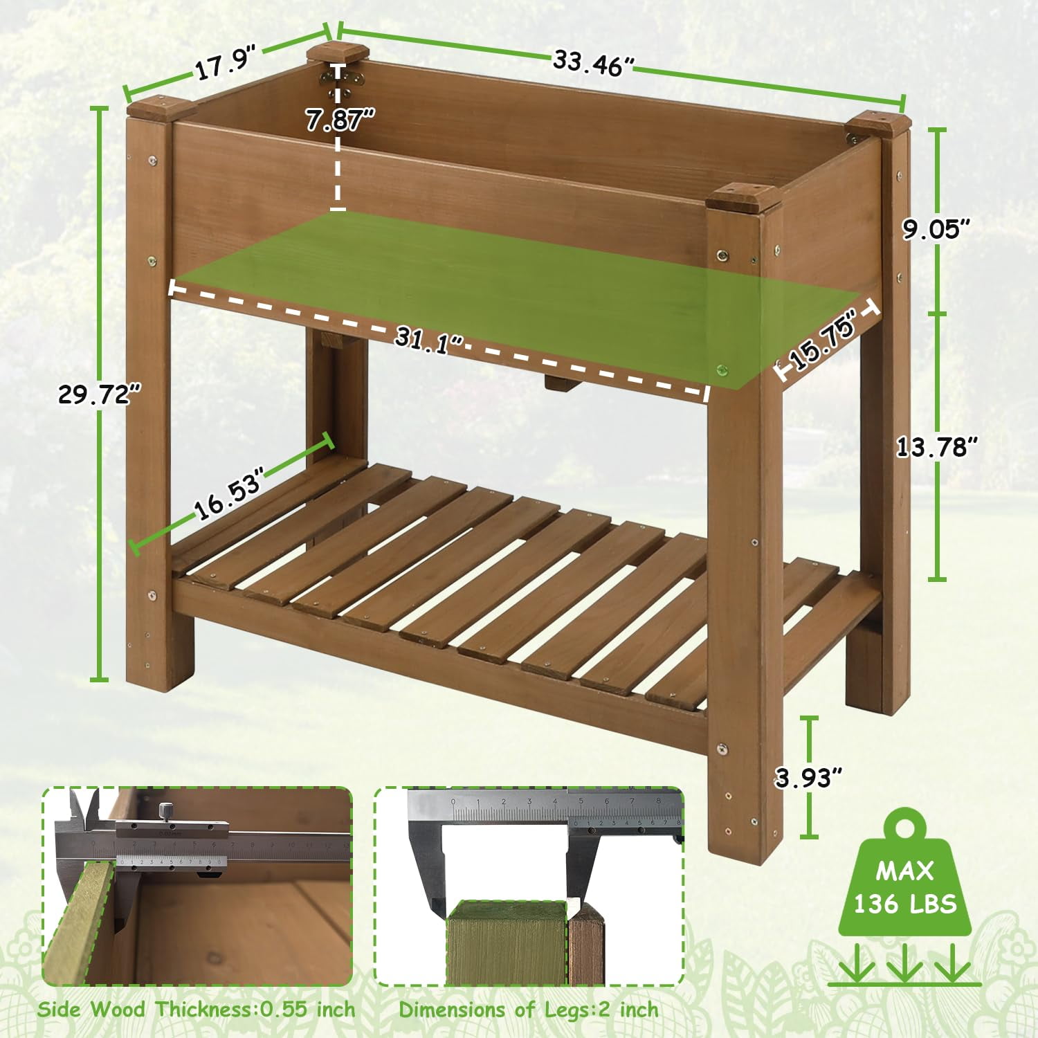 PETSCOSSET Elevated Planter Box with Storage Shelf, Solid Wood, Drainage Holes, 33 Inch