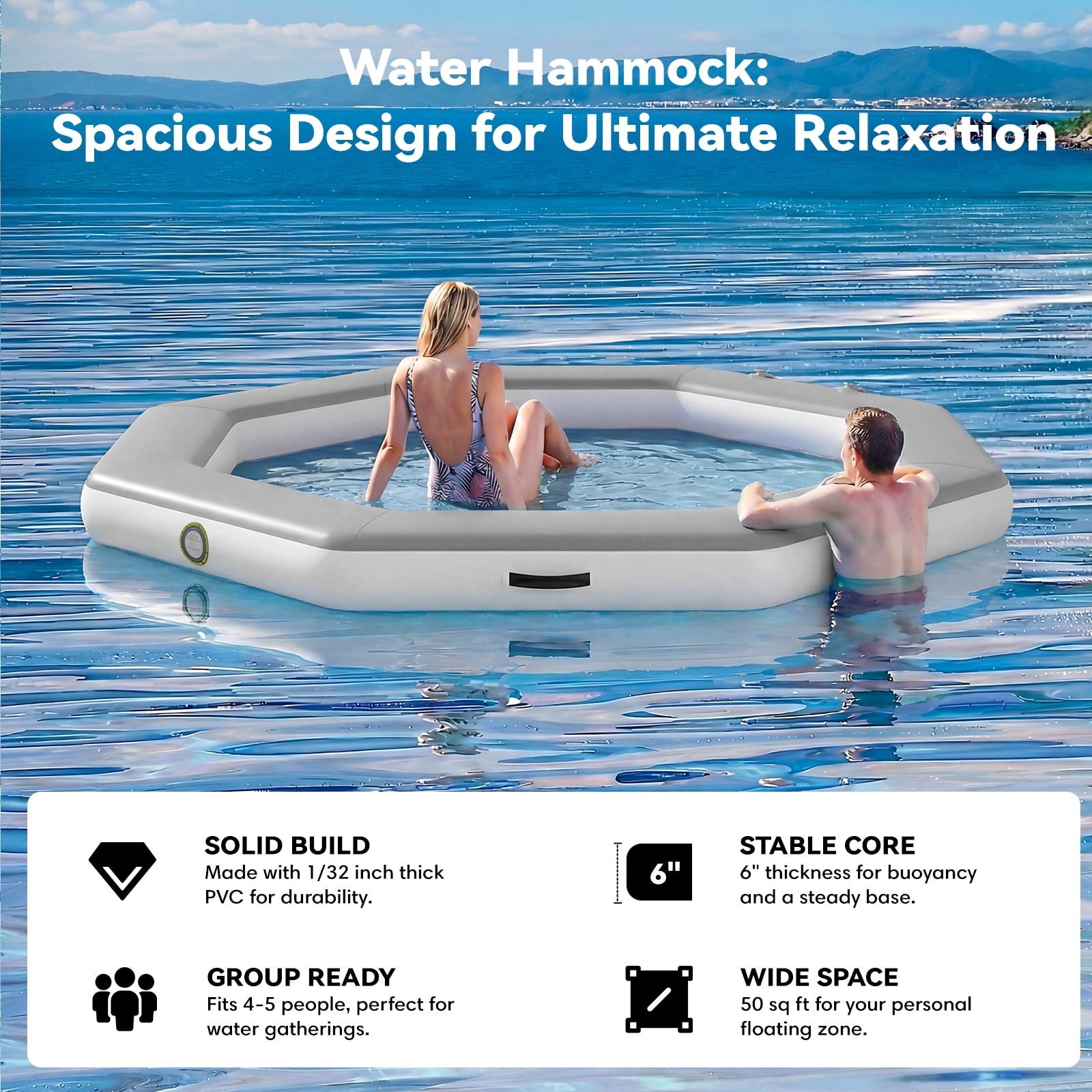 Danrelax 8FT Octagon Inflatable Floating Dock with Woven Fabric Deck, Large Floating Island for Lake Pool Ocean, Heavy Duty Sunchill Float Ring with Quick Inflate Pump, Supports 2 to 8 Adults, Grey