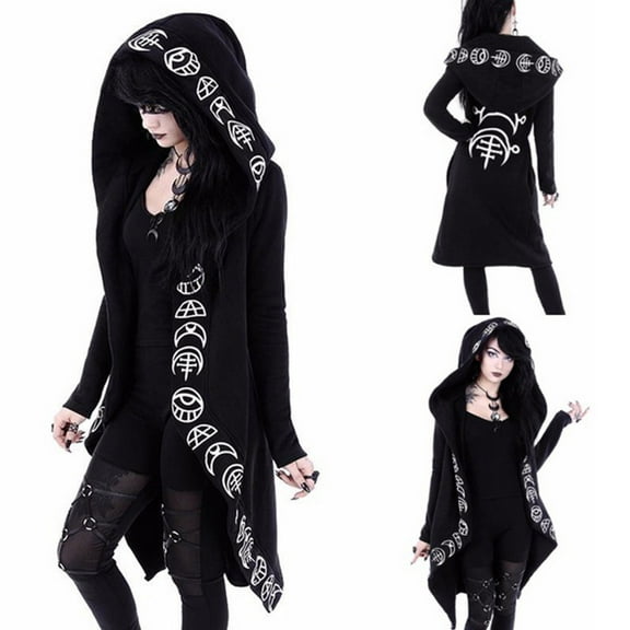 AOOCHASLIY Winter Coat Clothes Women Trendy Loose Gothic Punk Long Sleeve Hooded Black Cardigan Zipper Jacket Coat