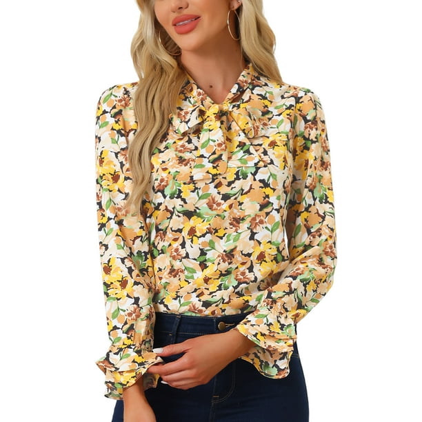 INSPIRAR CHIC Blusa Vintage de Manga Larga con Volantes y Cuello en V Floral para Mujeres Talla L Naranja