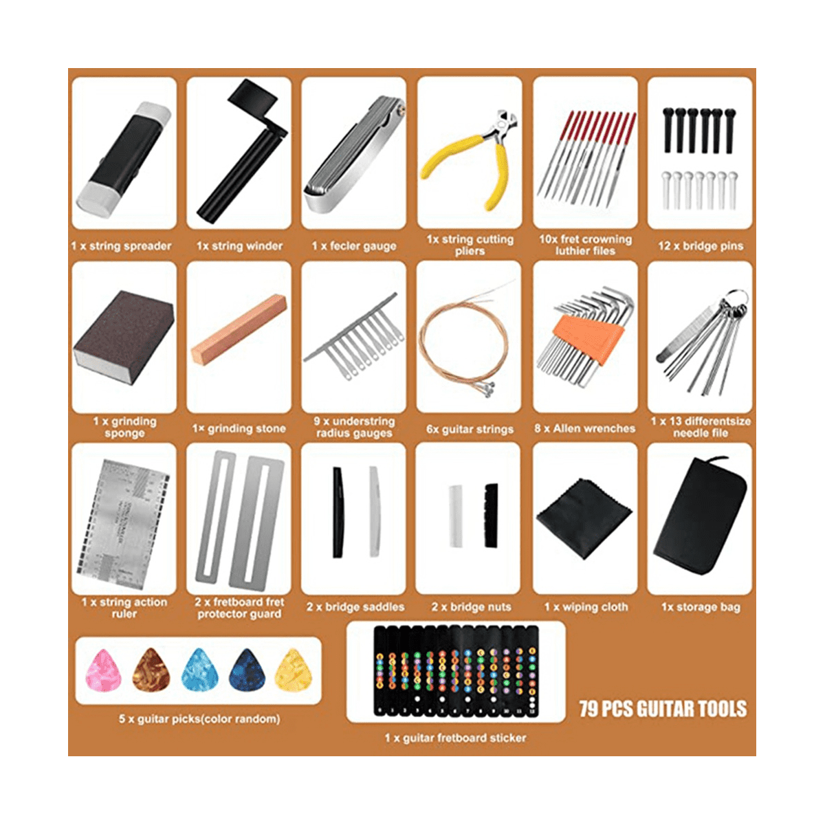 79Pcs Guitar Tool Kit, Guitar Accessories Guitar Repair Kit with Guitar String Plectrum Bridge Pins Gauges