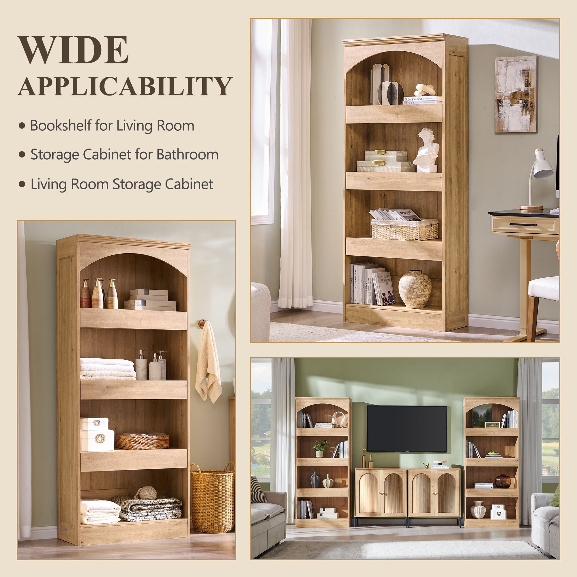 SinCiDo 76" Tall Arched Bookcase w/Hidden Magnetic Lock Drawer at the Bottom, 4-Tier Large Open Bookshelf w/3 Pull-Out Drawers for Living Room, Office