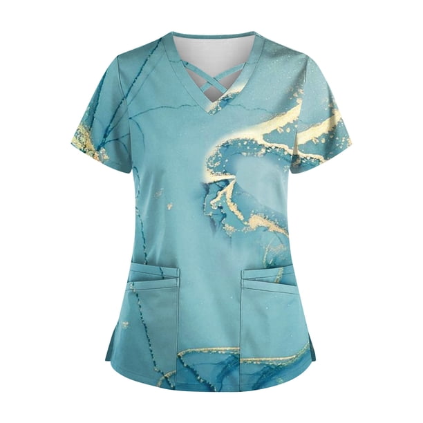 Fiudx Ofertas Flash Del Día Blusa de Manga Corta con Estampado de Moda para Mujer, Camiseta con Cuello En V, Tops Informales con Bolsillos