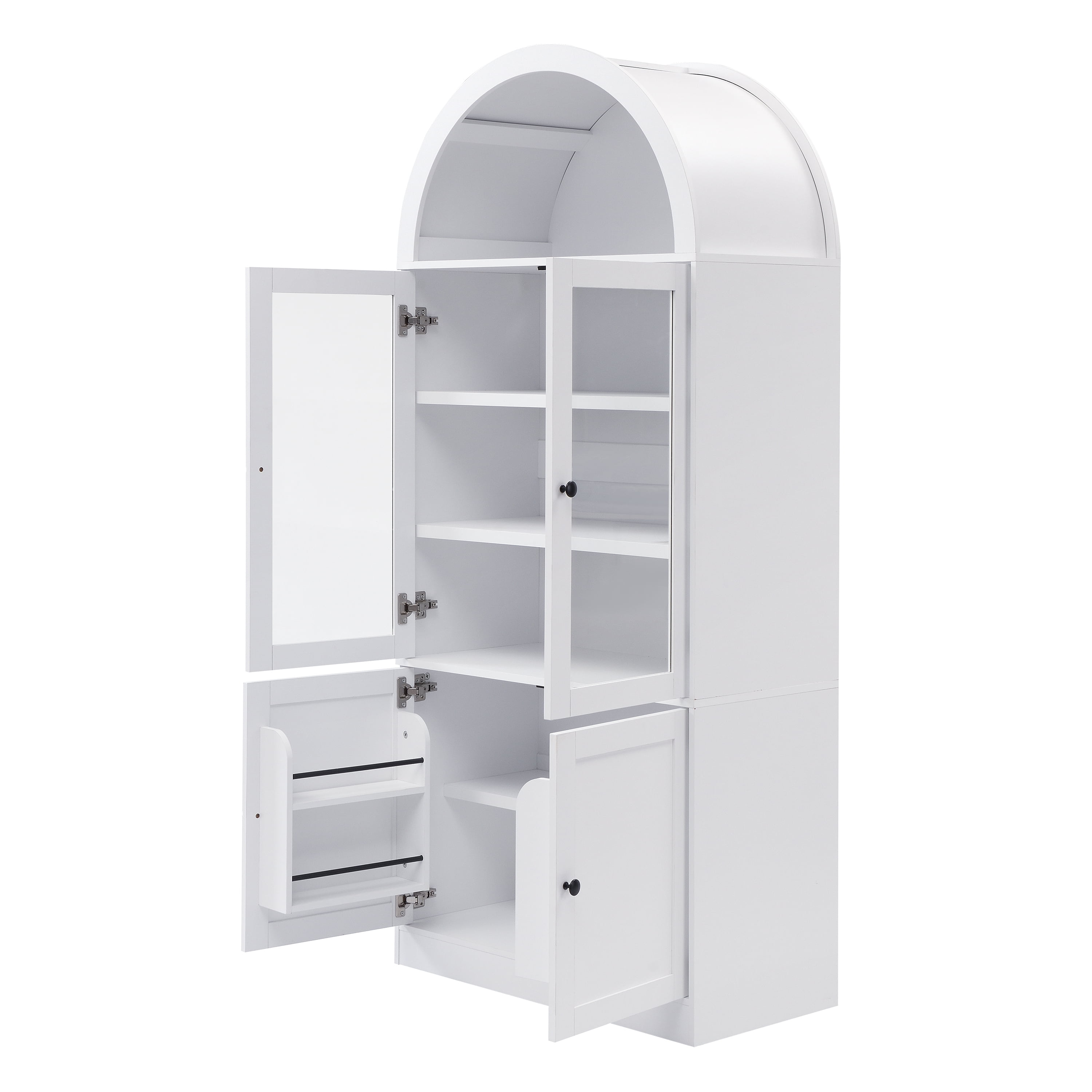 Storage Cabinet with Arched Top and Tempered Glass Doors 5-Tier, Tall Display Cabinet and Bookcase with Door Organizer for Bathroom Living Room, White