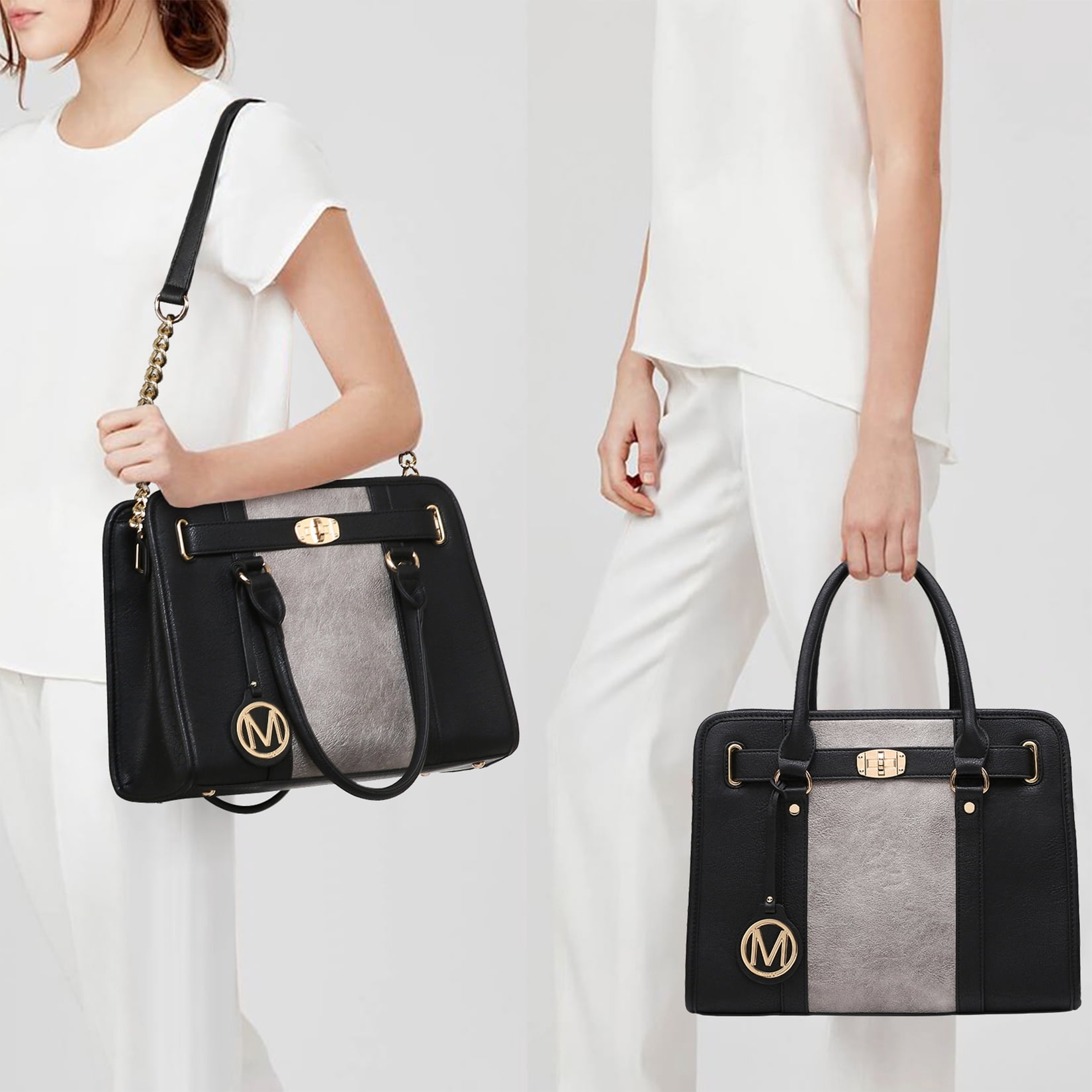 MKP Womens Satchel Female Handbags Two Tone Vegan Leather Shoulder Bag with Wallet 2pcs Set