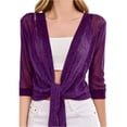 thumbnail image 6 of AHMOMEI Women’s Shimmer Sheer Mesh Tie-Front Shrug, 3/4 Sleeve Open Front Cropped Cover Up, Lightweight Knit Cardigan for Summer Purple XL, 6 of 6