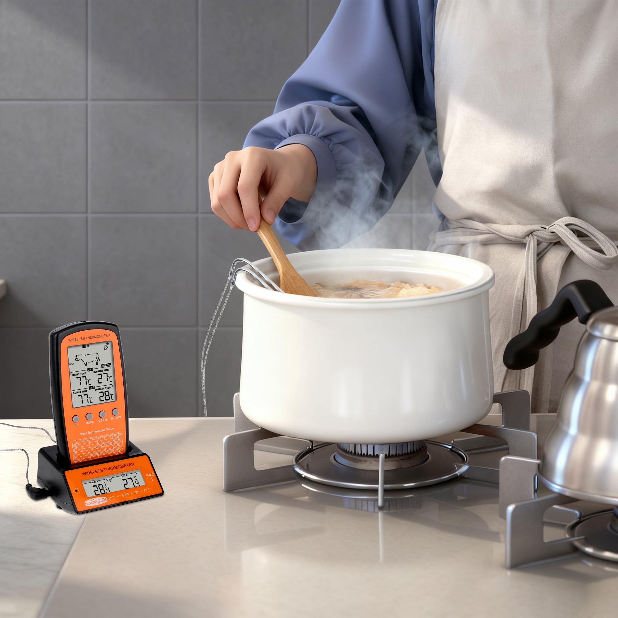 Unique Bargains Digital Meat Thermometer with 2 Temperature Probes Black/Yellow