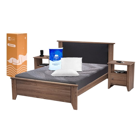 Récamara Matr. Seven 7 piezas, Cabecera, 2 burós, base, Colchón matr. en caja Atlas Nova + Almohadas Peach regalo