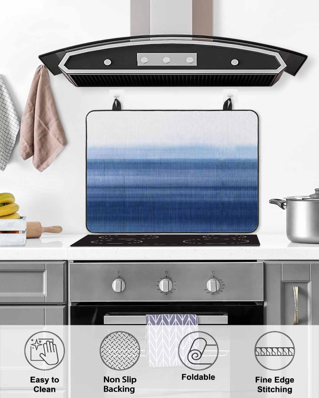 nqOlkjepod Large Induction Cooktop Protector Mat 36"x21", Navy Blue White Ombre Stove Top Covers for Electric Stove, Contemporary Minimalism Stripes Stove Burner Cover Mats, Glass Top Stove Cover