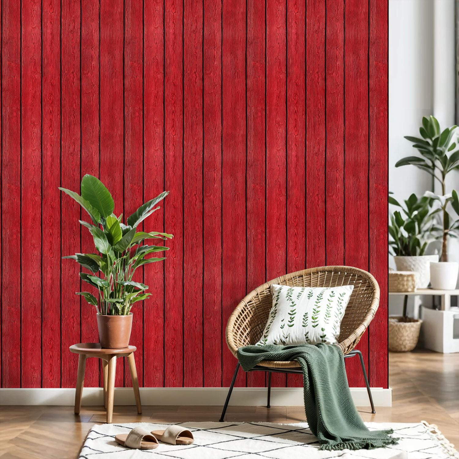 Peel and Stick Wallpaper Red Painted Wooden Planks Vertical Rustic Wood Texture 17.7in x 118in Contact Paper Removable Self Adhesive Wall Mural Wall Decor for Bedroom Kitchen Cabinets