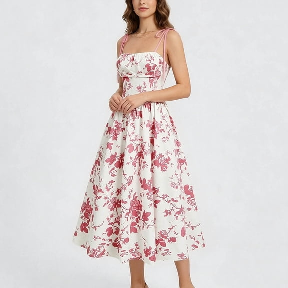 Qulqfy Pink Summer Dresses for Women 2026 Casual Boho Maxi Flowy Sleeveless Floral Tie-Shoulder Straps Square Neck Cute Flowy Beach Long Dresses L