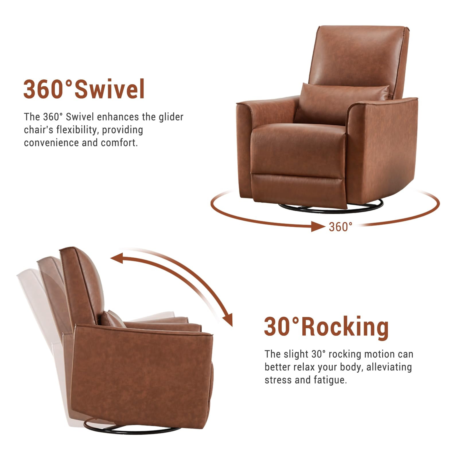 TROPOW 360° Swivel, Rocking Chair Nursery, Glider Rocker Recliner, PU Leather Sofa Chair with high Back, Deep Seat for Nursery, Living Room, Bedroom, Brown