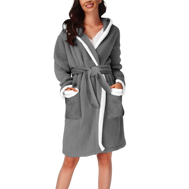 WZXFASHION Pyjama à Capuche Assorti Automne/hiver pour Femmes Peignoir Thermique en Peluche Robe de Nuit WomenRobes Gris P