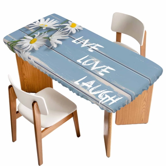 Daisy Flower Blue Table Cloths for 3 Foot Rectangle Tables, Farmhosue Country Floral Wooden Grain Patio Waterproof Elastic Fitted Tablecloths, Washable Rectangular Table Cover for Camping