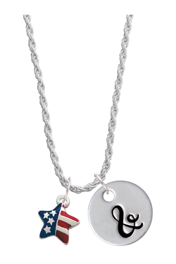 Silvertone Mini USA Patriotic Star Silvertone Script Initial Disc - & - Charm Necklace, 20"+3"
