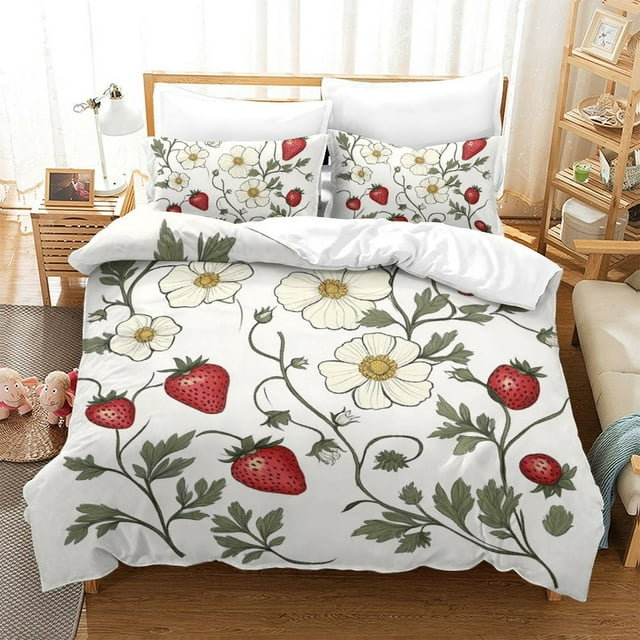 Strawberry Comforter Cover Set Children Adult Cute Fruit Dessert Bedding Cover Set Bed Gift,Queen (90"x90")