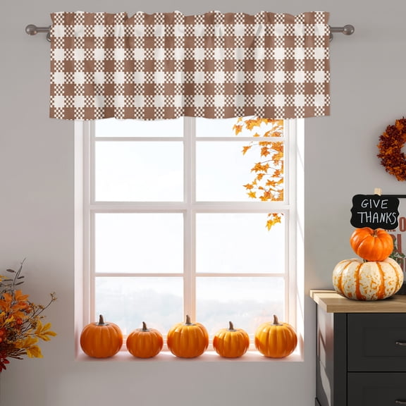 Autunm Brown Window Valance for Kitchen, Lattice Rod Pocket Short Curtains for Bathroom Bedroom Small Window, Light Filtering Decorative Valances, 42 x 12 Inches