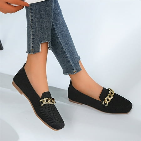 

ZTTD Ladies Fashion Solid Color Breathable Knitted Metal Chain Decorative Flat Sole Casual Shoes