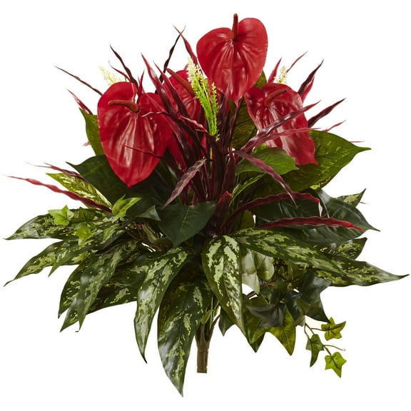 Nearly Natural Red 24" Mixed Anthurium Bush Artificial Plant, Set of 2