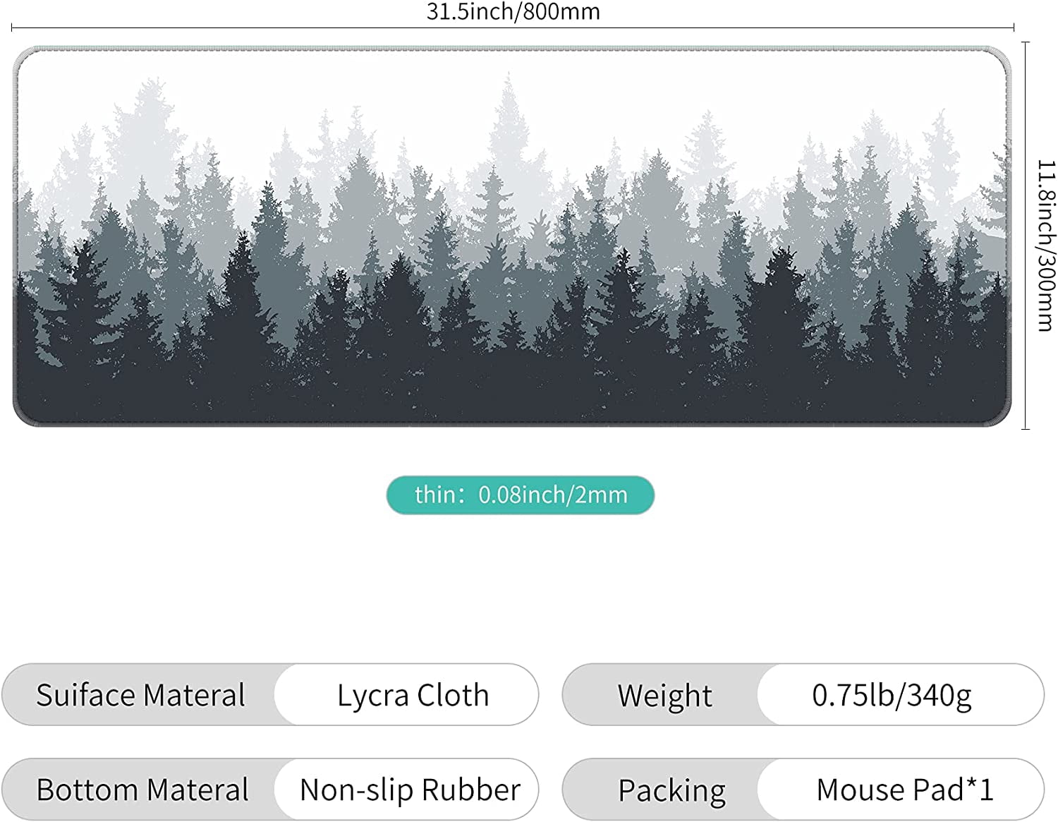 Thin Extended Gaming Mouse Pad （31.5*11.8*0.08 inch） with Stitched Edges Large Mousepad Long XXL Keyboard and Mouse pad Desk Mat for Gaming Office & Home 31.5x11.8x0.08 inch - Forest Tree