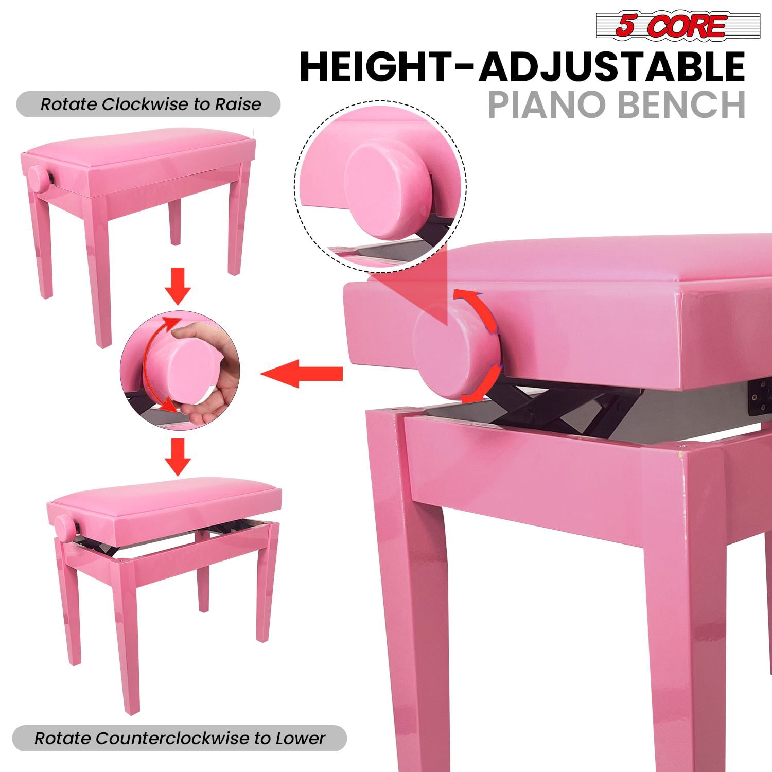 Adjustable Piano Bench Thick 3.25" Solid Wood Keyboard Stool Heavy Duty Musician Chair