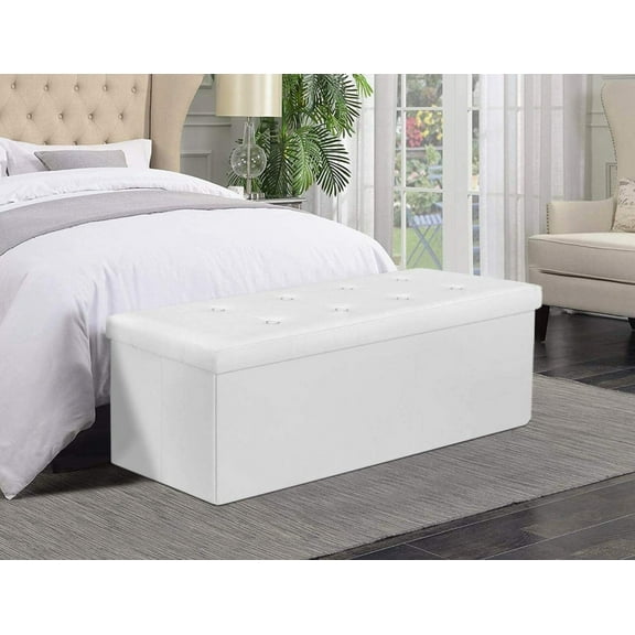 DJDG 43 Inches Folding Storage Ottoman Bench, Ottoman with Storage, Foot Rest Stool, Load 660 lb, for Living Room, Synthetic Leather, White