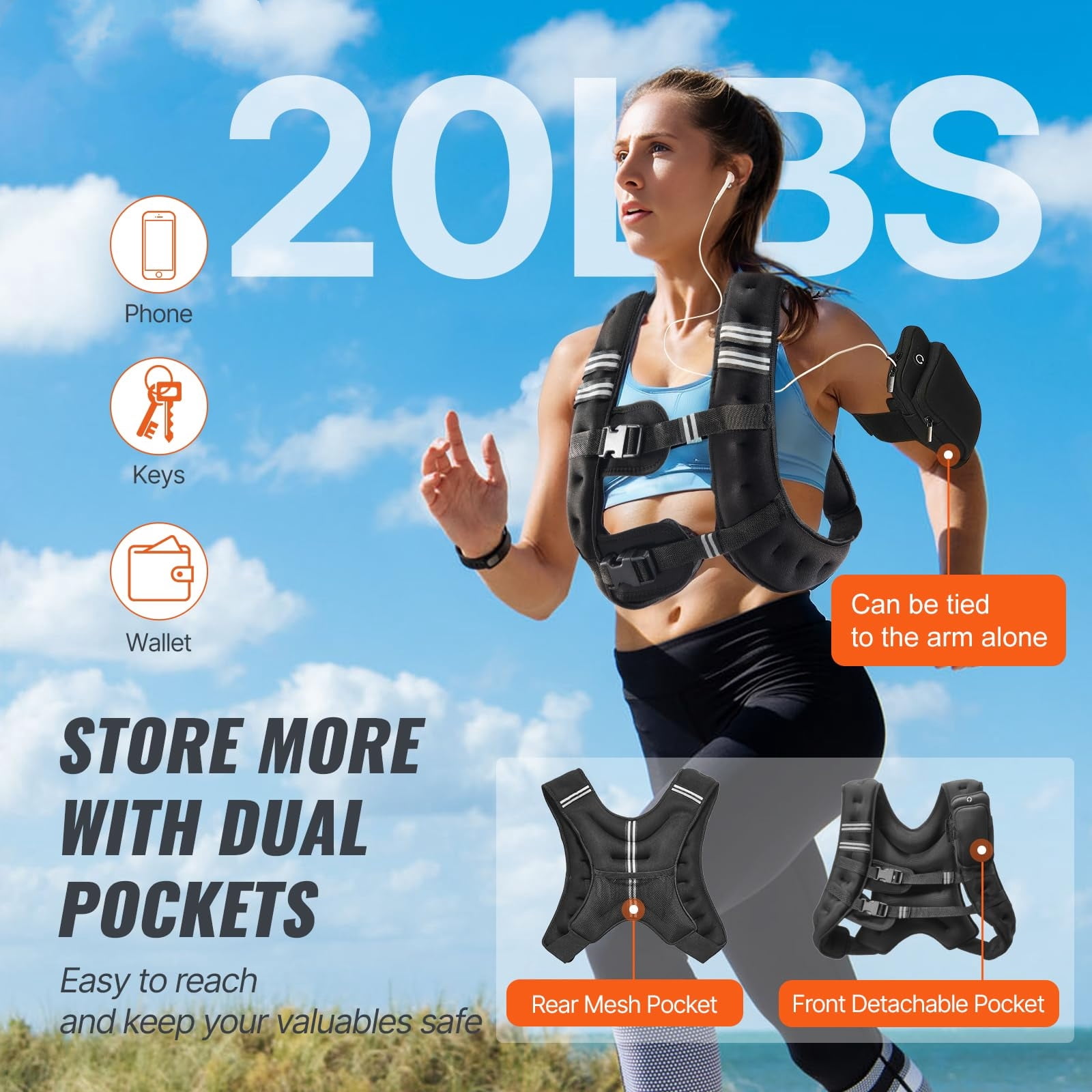Weighted Vest, 12/16/20/30 lbs Weight Vest with Reflective Stripe, Adjustable Buckle Body Weight Vest, Workout Equipment for Strength Training, Running, Jogging, Fitness, and Weight Loss