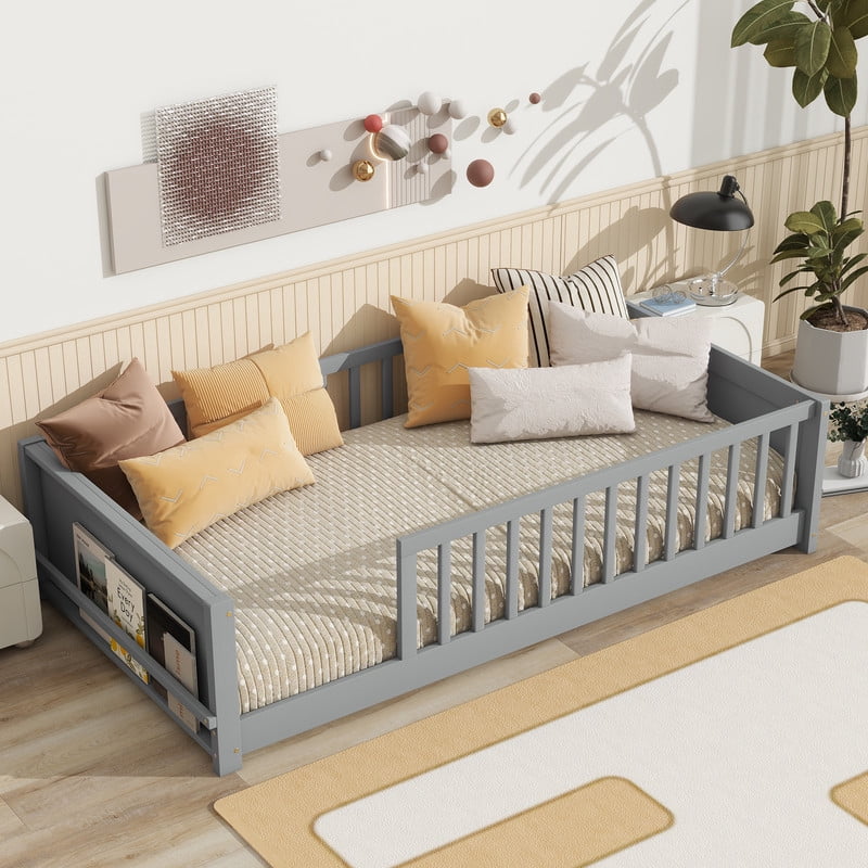 Mirightone Twin Size Floor Bed with Rails, Twin Montessori Bed with Built-in Book Rack for Boys & Girls, Gray