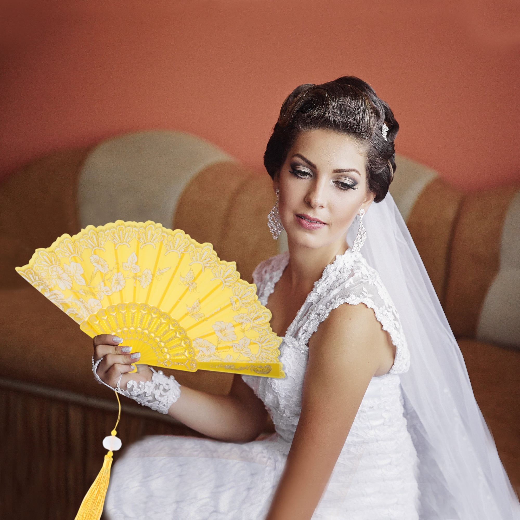 Unique Bargains Tassel Folding Fan 1 Pc for Weddings Parties Yellow