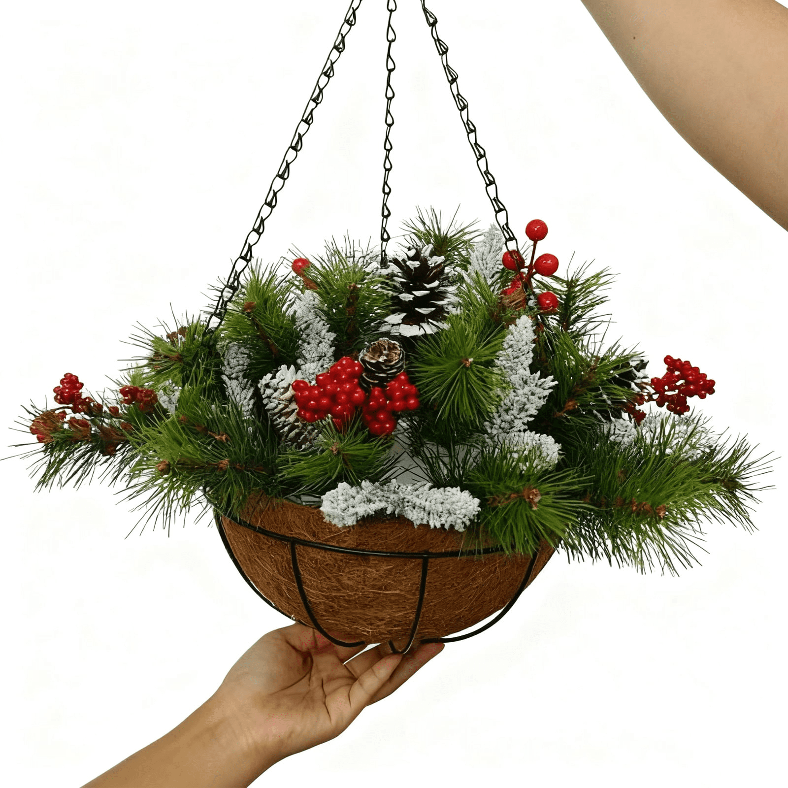 Artificial Christmas Hanging Basket with LED String Lights Christmas Hanging Plant Basket Artificial Flowers with Frosted Pine Needles Pinecones Red Berries Fake Plants Faux Decor for Xmas Decor