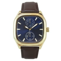 Gold Tone Men's 40mm Cushion Shape Blue DIal Brown Strap Watch. Adults 13 