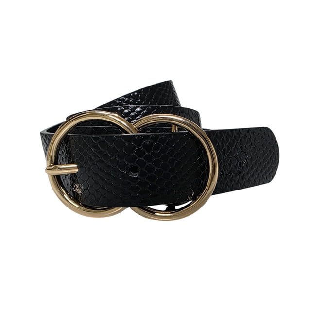 Ferrioni Cinturón de Piel para Dama Negro Textura Serpiente con Hebilla Dorada
