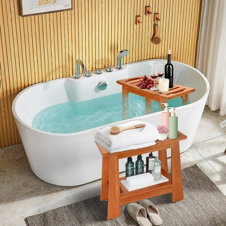 Wood Shower Chair Teak Natural Round Bathroom Stool EcoDecors