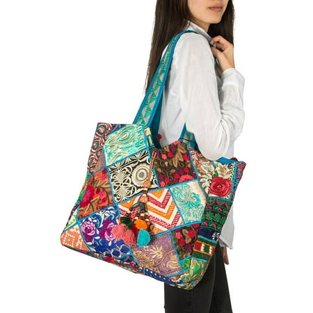Holiday Patchwork Tote - Casual Colorful Patchwork Hippie Woman Bag Tote Canvas Beach Shoulder Handbag