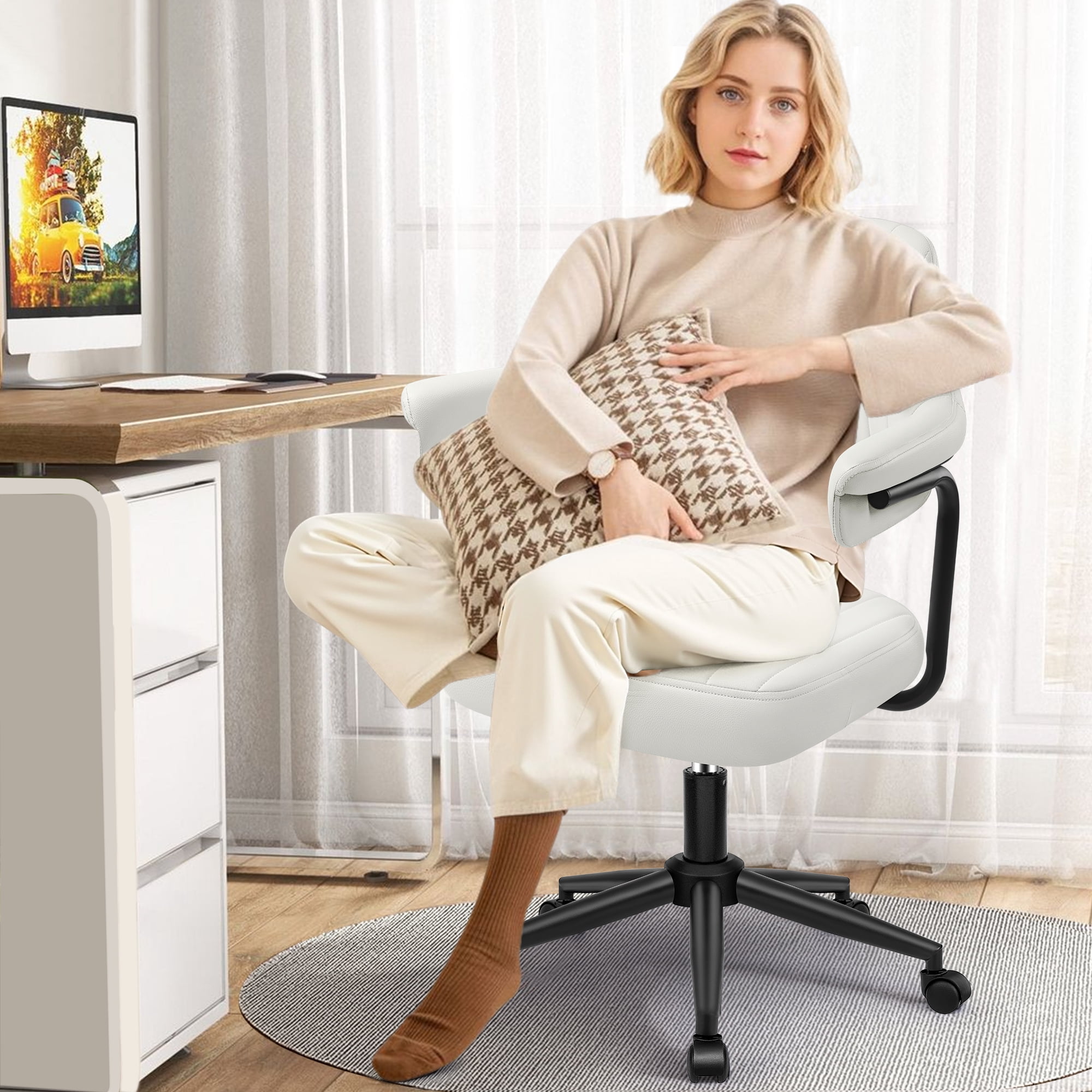 ATHOPE Home Office Chair Set of 2, Executive Small Leather Office Chair, Desk Chair Comfy with Arms, Height Adjustable Swivel Computer Chair with Lumbar Support, White