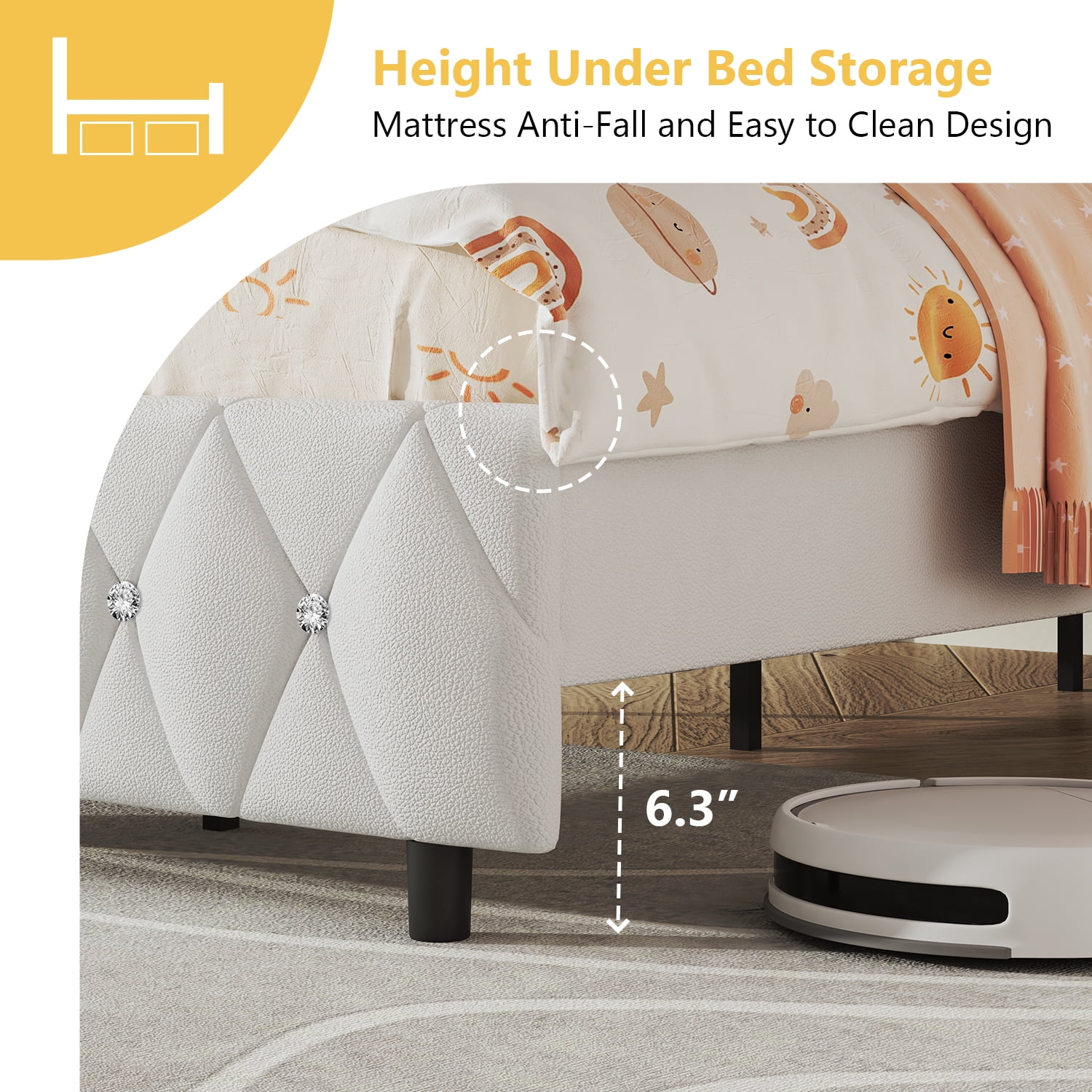4 EVER WINNER Queen Bed Frame, Upholstered Platform Bed Frame with Headboard and Footboard, Diamond Headboard and Footboard Design, White