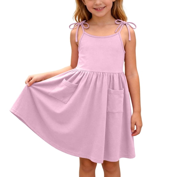 Efsteb Girls Tie-Shoulder Sundress with Pockets Kids Sleeveless Casual A-Line Dress for Summer (Pink,7 Years)