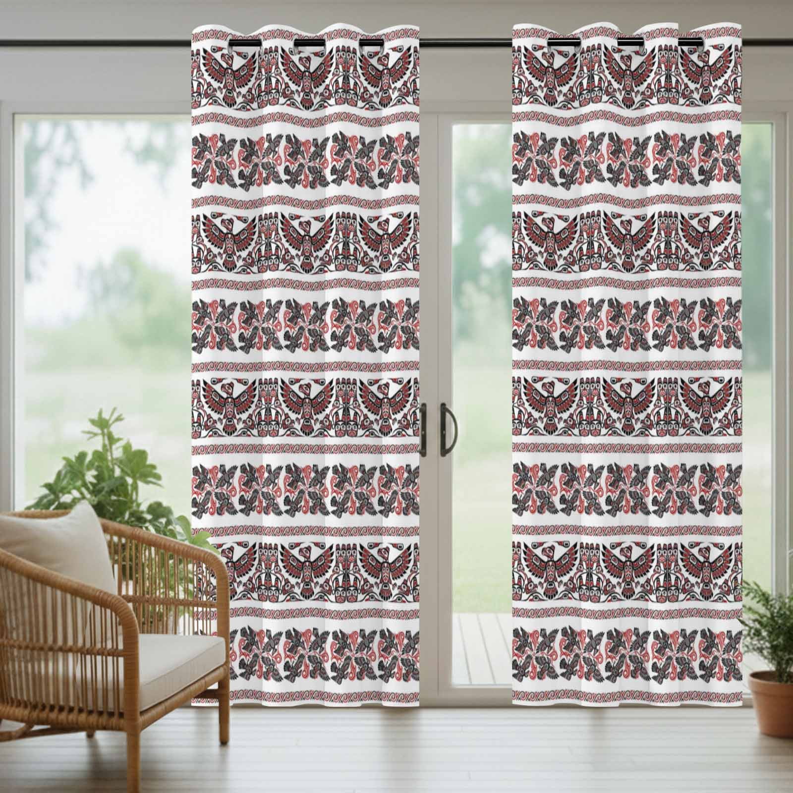 Ethnic Tribal Style Outdoor Curtains for Patio, Bird Geometric Boho Red White Rustic Sunshade Privacy Drapes Grommet Waterproof Outside Curtains for Porch/Cabana/Balcony 54"x 108", 1 Panel