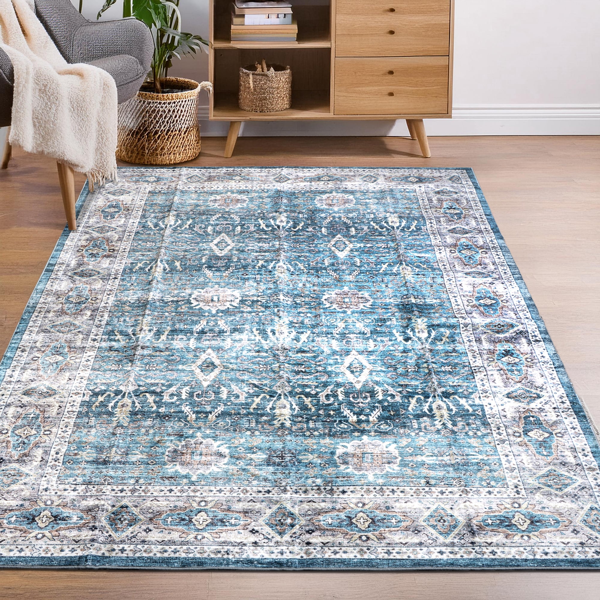 Delara 5'x7' Machine Washable Area Rug, Soft & Durable, Non-Slip, Stain Resistant, Azure Haven, for Bedroom, Living & Dining Room