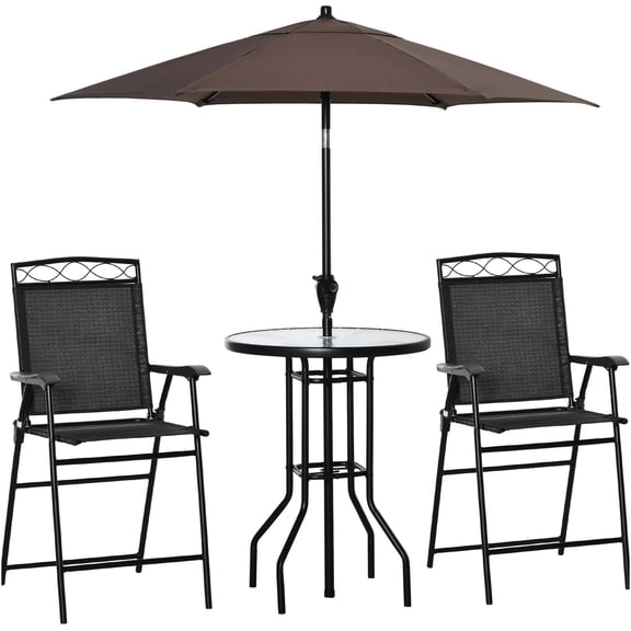 JERFIT 4-Piece Outdoor Patio Dining Set with Umbrella, 2 Folding Chairs & Wave Glass Table, Black Steel Furniture for Garden, Deck, Poolside
