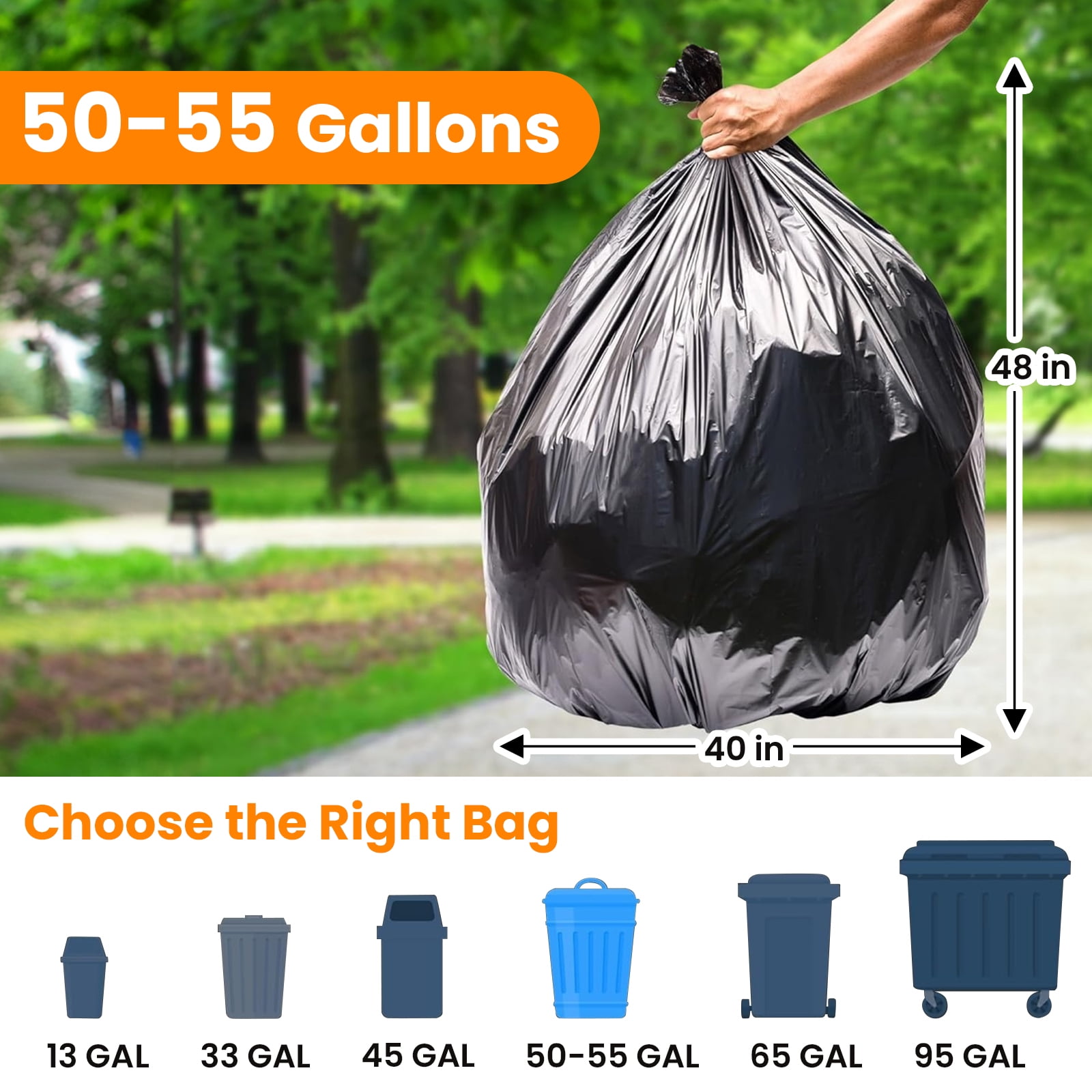 50-55 Gallon Trash Bags, 50 Count Heavy Duty Large Black Garbage Bags for Commercial, Janitorial, Lawn and Leaf, 48 x 40"