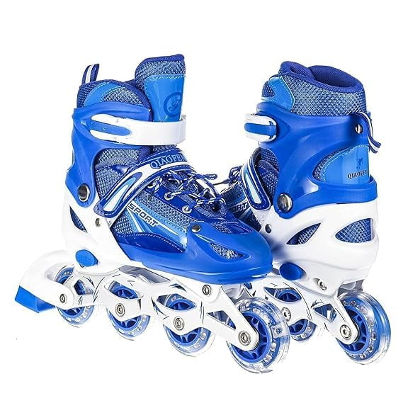 Sr Brothers 4 Wheel Inline Skates Skating Shoes For Boys & Girls Age 10 To 20 Years Liner Roller Skates For Kids Shoes Roller Blades Pu Strong Wheels Aluminium With Led Flash Light On Wheels (Blue)