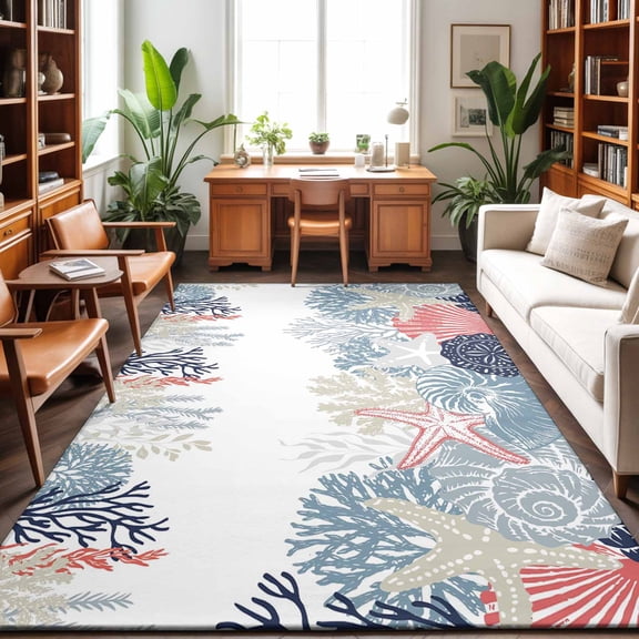 3'x5' Area Rugs, Coastal Starfish Indoor Outdoor Area Rug for Living Room Bedroom, Ocean Weeping Coral Beach Conch Washable Bathroom Rugs Kitchen Floor Carpet Mats Home Decor Aesthetic