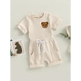 thumbnail image 3 of GXFC Toddler Baby Boys Summer Solid Shorts Outfits Infant Boys Short Sleeve Ribbed Bear Pattern T-Shirt Tops+Short Pants Set Casual Clothes 2Pcs 3M-3T, 3 of 9