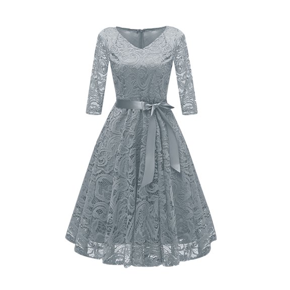 LEAVINGSUO Women's Casual Dresses Women Vintage Temperament V-neck Lace Sexy Long-Sleeved Lace Dress Gray M